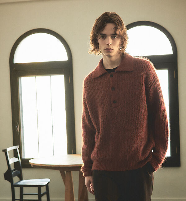 ABAHOUSE「【アルパカブレンド】シャギー ニットポロ」|ニット・セーター|オレンジ