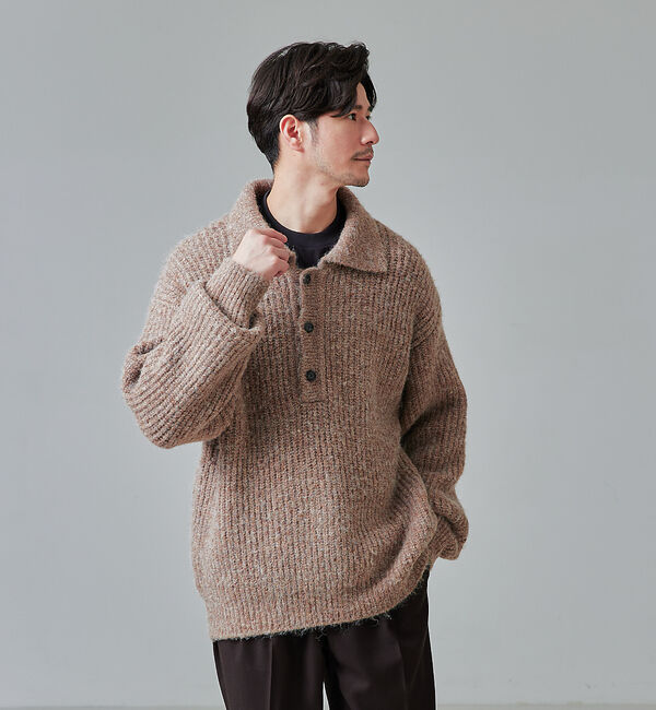 ABAHOUSE「【アルパカブレンド】シャギー ニットポロ」|ニット・セーター|グレージュ
