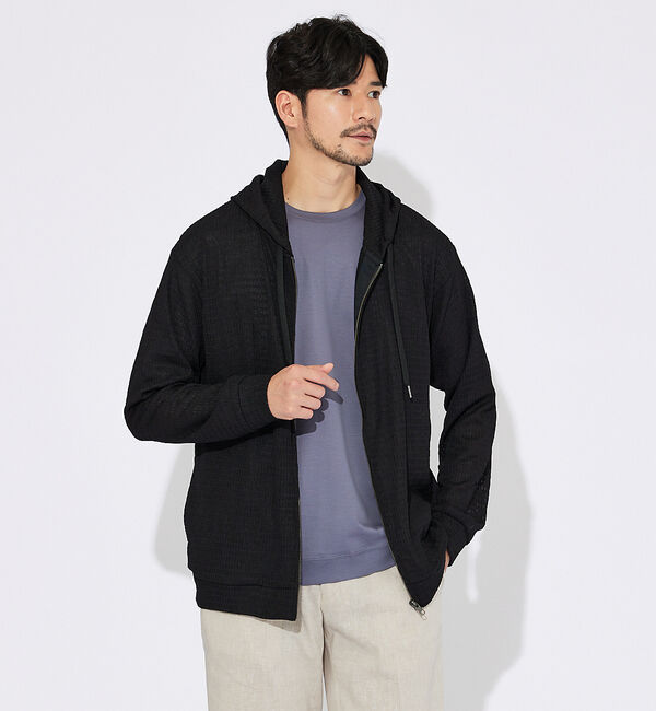 ABAHOUSE「【ブロック柄】ストレッチ シアーパーカー」|パーカー|ブラック