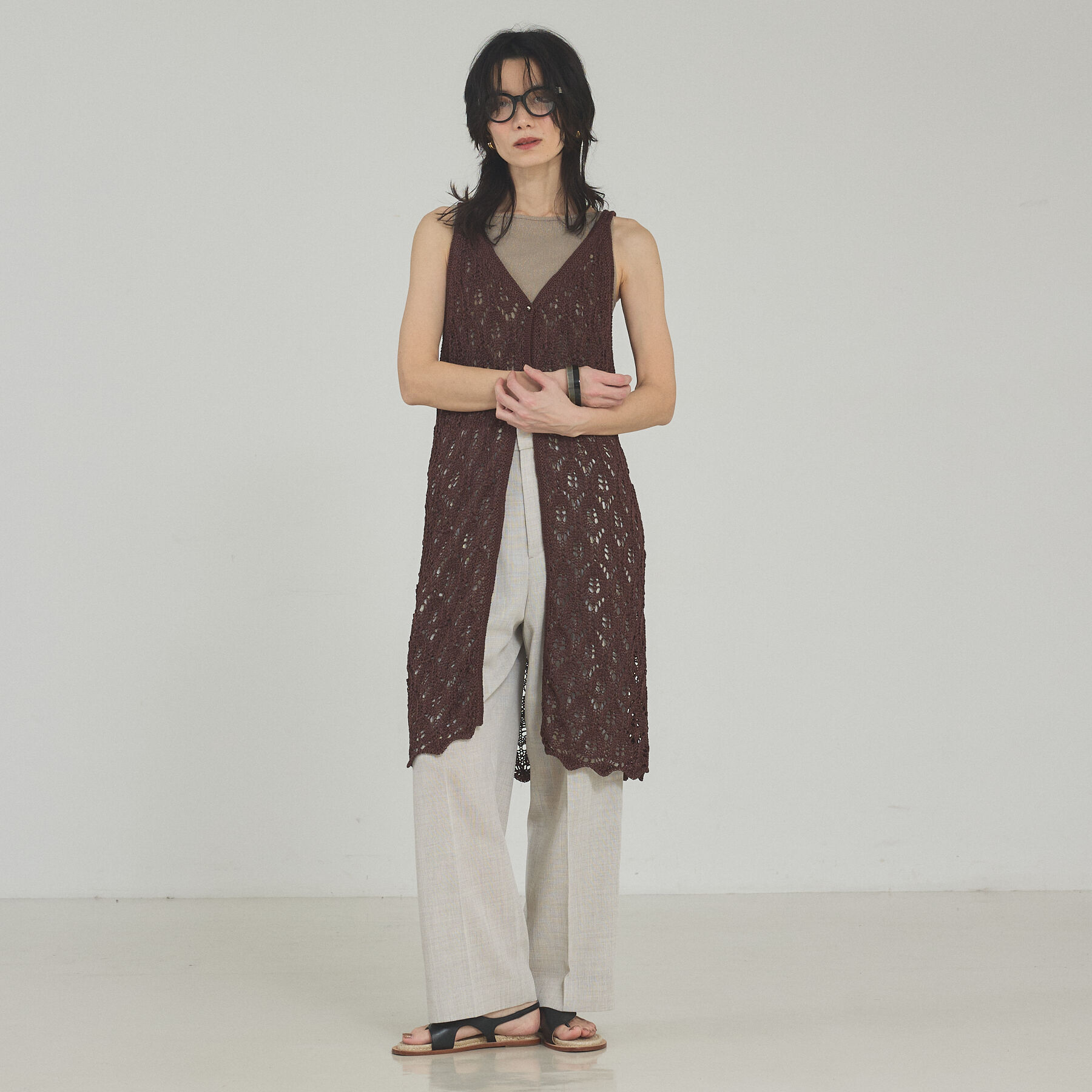 qualite「2WAYリーフパターンロングジレ」|キャミソール|ブラウン