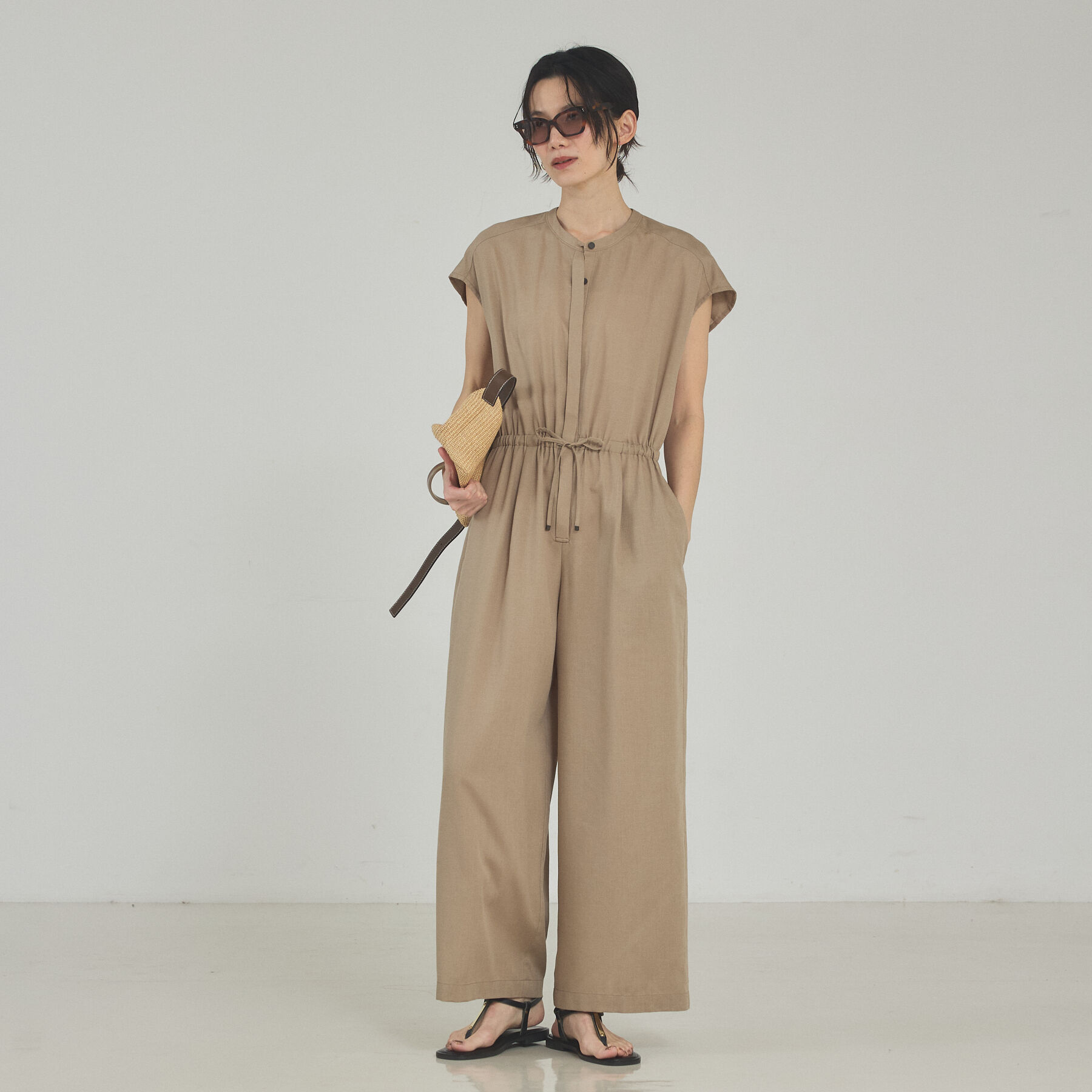 qualite「【接触冷感】リネンブレンドドロストオールインワン」|オールインワン|