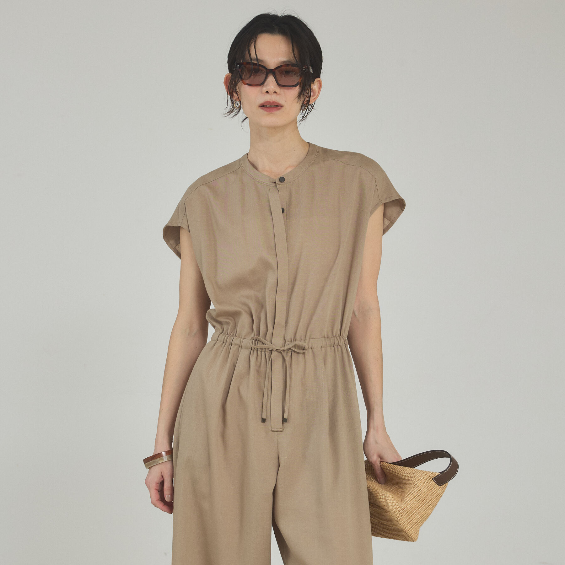 qualite「【接触冷感】リネンブレンドドロストオールインワン」|オールインワン|