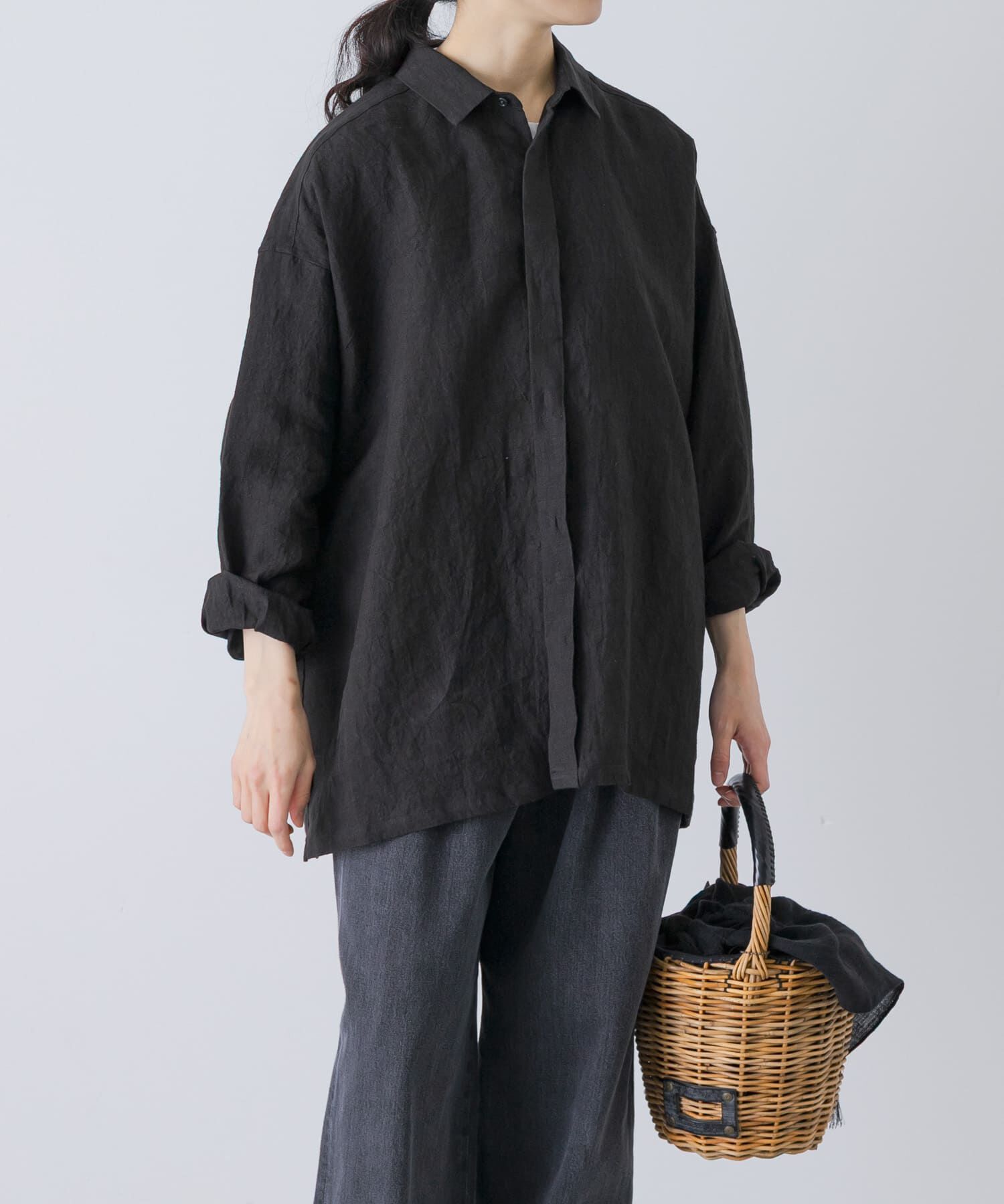 かぐれ「『ユニセックス』ドライリネンボックスシャツ」|シャツ・ブラウス|ブラック