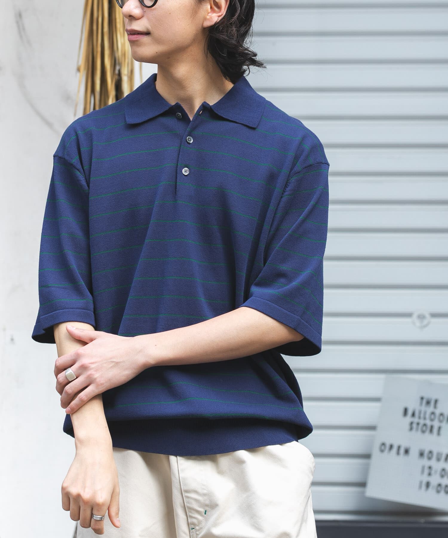 URBAN RESEARCH DOORS「FORK&SPOON　ボーダーショートスリーブニットポロ」|ニット・セーター|ブルー系その他