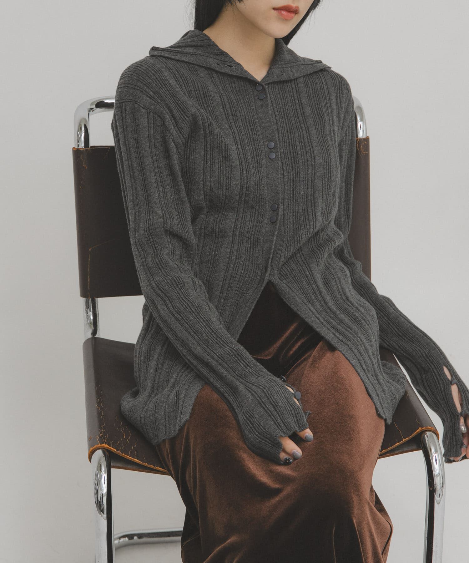  「ボタンアップランダムRIBニット」|ニット・セーター|