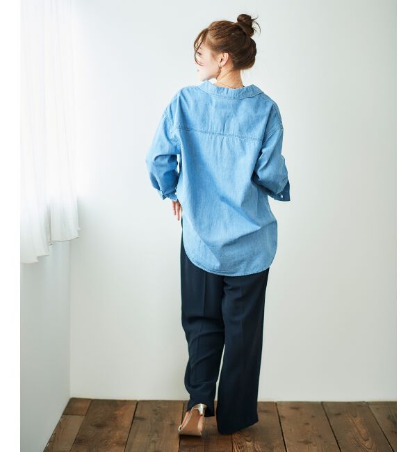  「《軽いシャツ素材》パールボタンデニムシャツ」|シャツ・ブラウス|