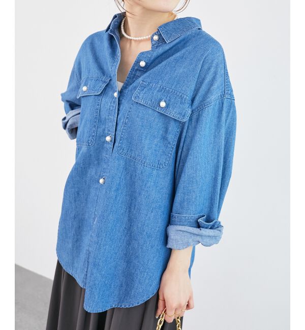  「《軽いシャツ素材》パールボタンデニムシャツ」|シャツ・ブラウス|