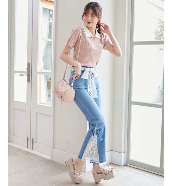  「◎レースベルトセット裾リボンデニム」|デニム|