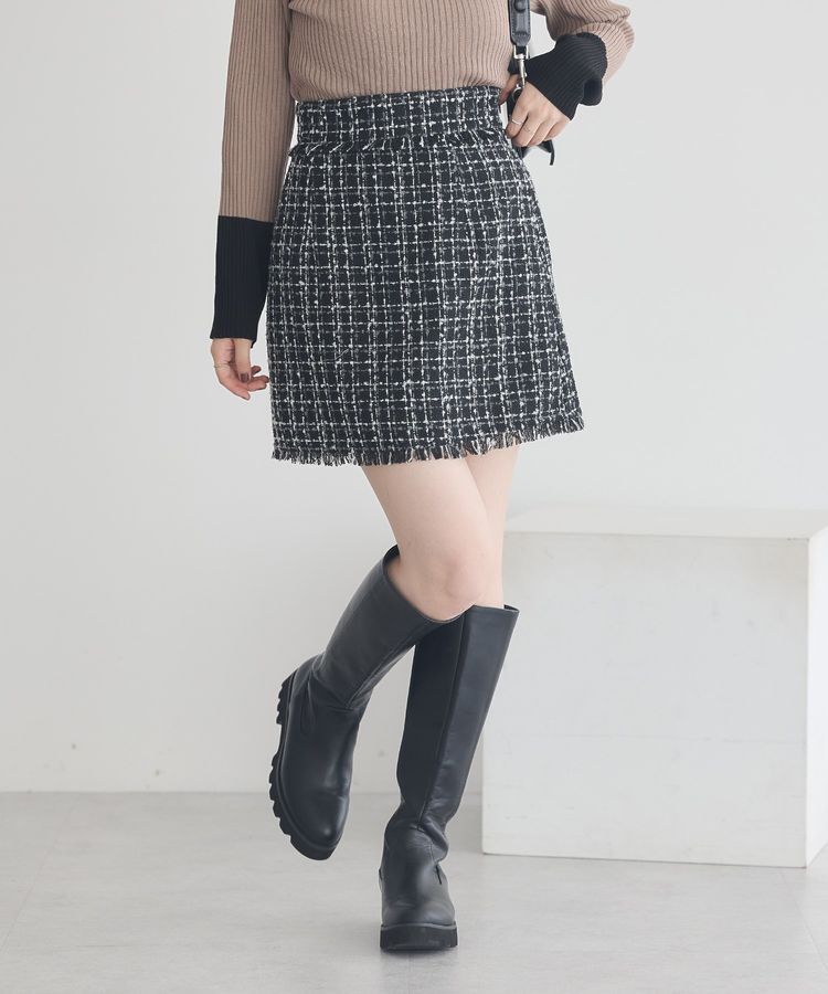 earth music&ecology「フリンジツイードミニスカート」|タイト|