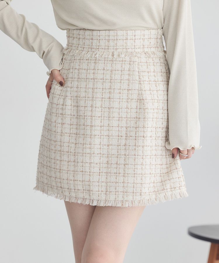 earth music&ecology「フリンジツイードミニスカート」|タイト|