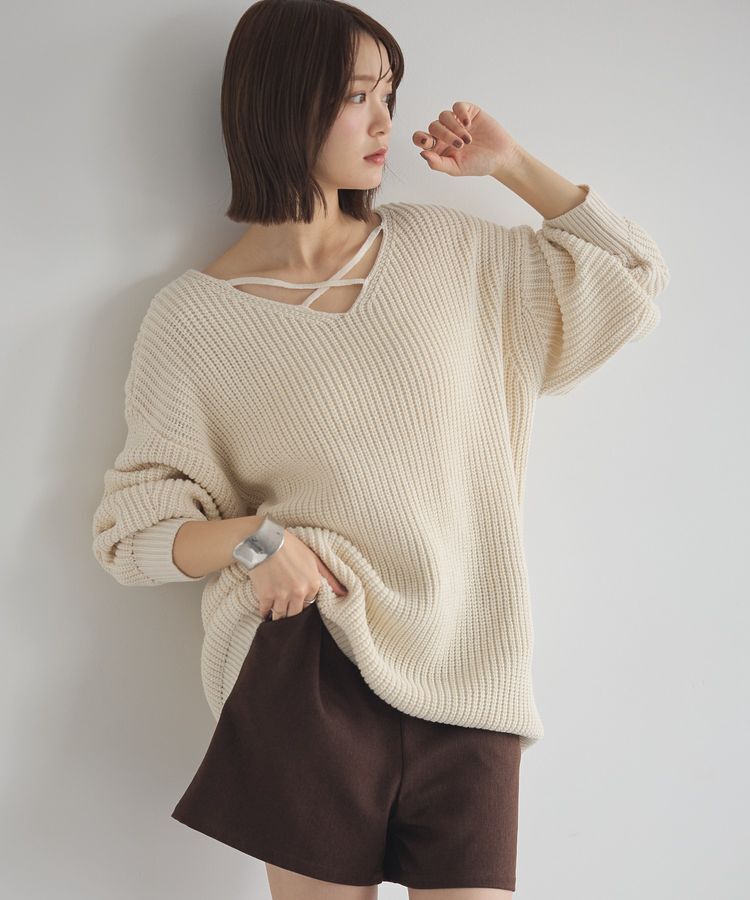 earth music&ecology「アンチピリングクロスネックルーズニット」|チュニック|