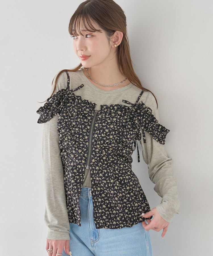 earth music&ecology「フラワーペプラムビスチェ」|ベスト・ジレ|Black