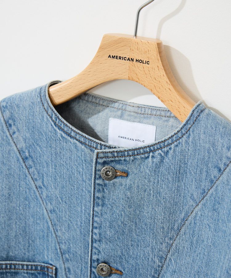 AMERICAN HOLIC「ノーカラーデニムカバーオール」|テーラードジャケット|