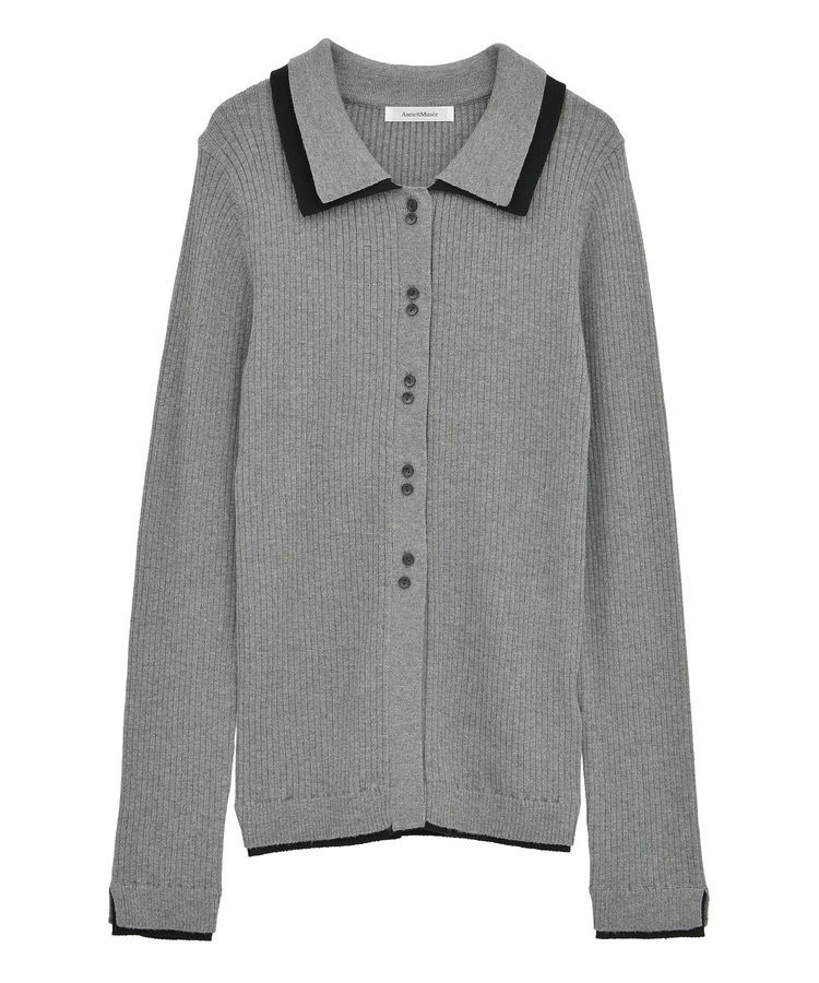 AnriettMusee「配色レイヤードポロリブニットカーディガン」|ニット・セーター|