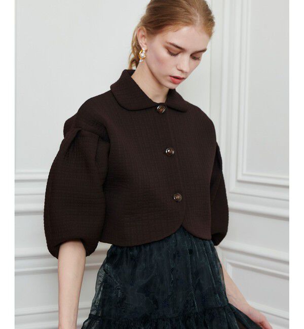 LOULOU WILLOUGHBY「【LOULOU WILLOUGHBY】ダブルジャガードパフニットジャケット」|ニット・セーター|ブラウン