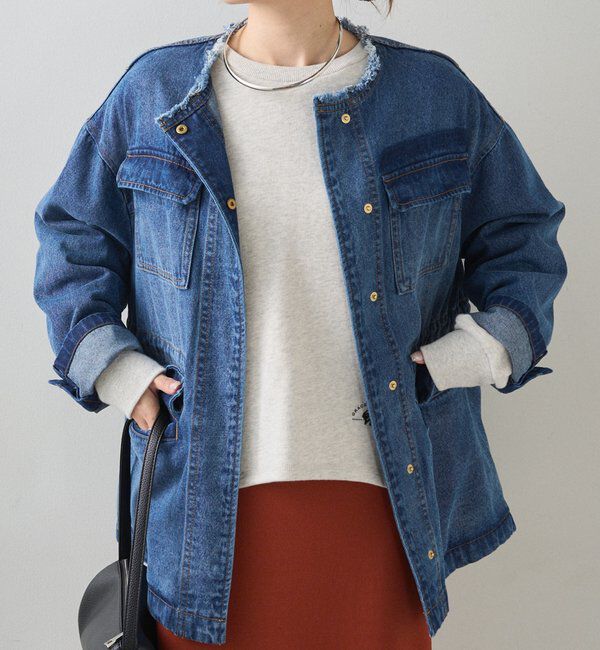  「デニムノーカラーワークジャケット」|デニムジャケット|