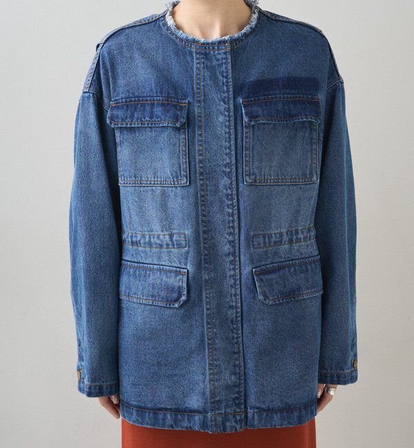  「デニムノーカラーワークジャケット」|デニムジャケット|