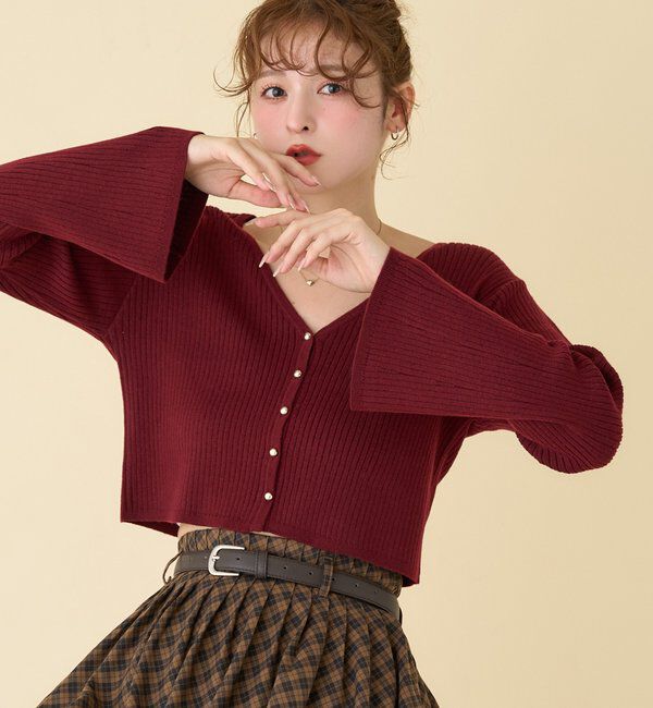  「ベル袖リブカーデ」|ニット・セーター|レッド