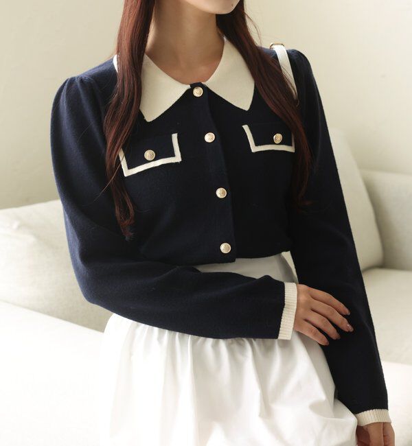  「金ボタン配色衿ニット」|ニット・セーター|