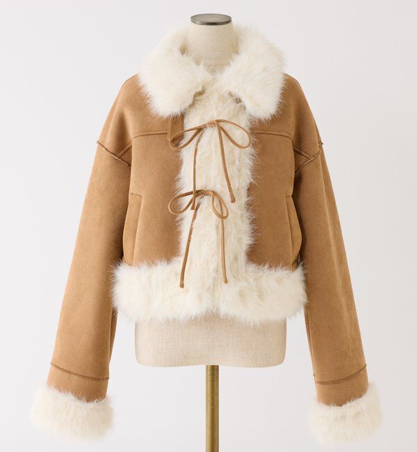  「【リボン取り外し可能】フェイクムートンリボンアウター」|ダウンベスト・ベスト|