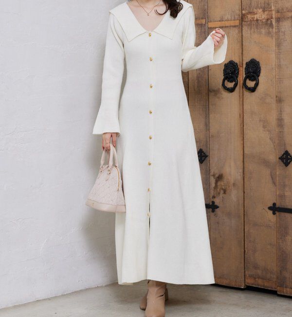  「襟付き金ボタンニットロングワンピース」|ワンピース|