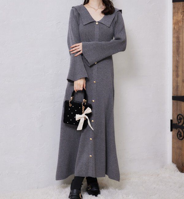  「襟付き金ボタンニットロングワンピース」|ワンピース|