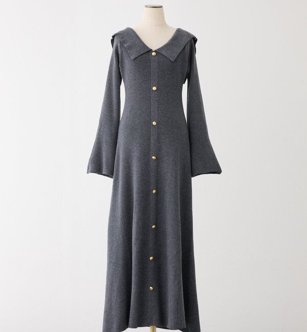  「襟付き金ボタンニットロングワンピース」|ワンピース|