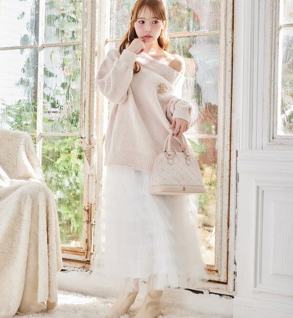  「ブローチ付きベロアモールミニニットワンピース」|ワンピース|