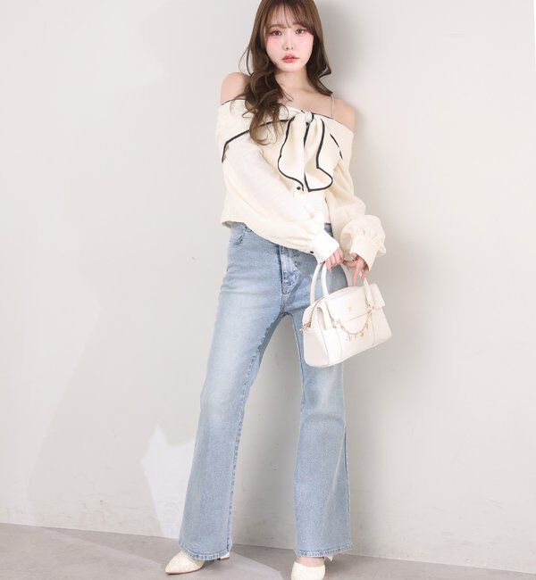  「肩ビジューリボンオフショルブラウス」|シャツ・ブラウス|