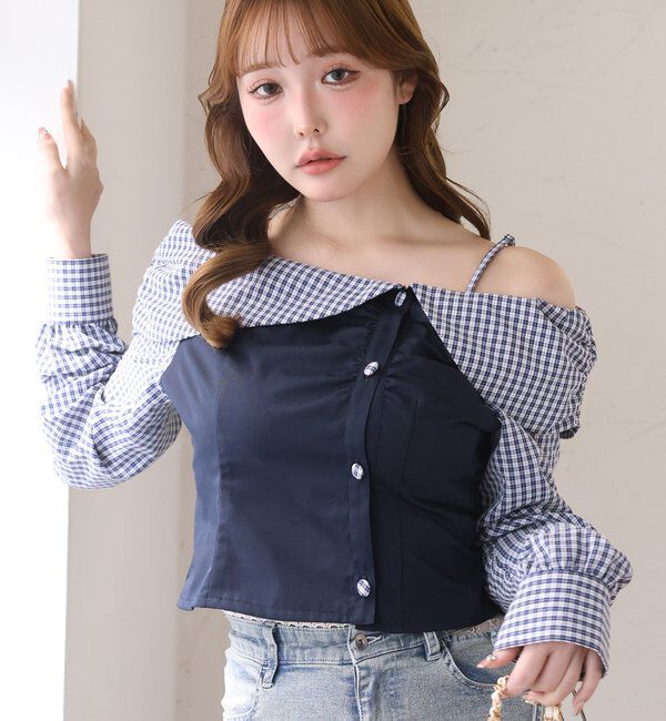  「バックレースアップ配色オフショルブラウス」|シャツ・ブラウス|