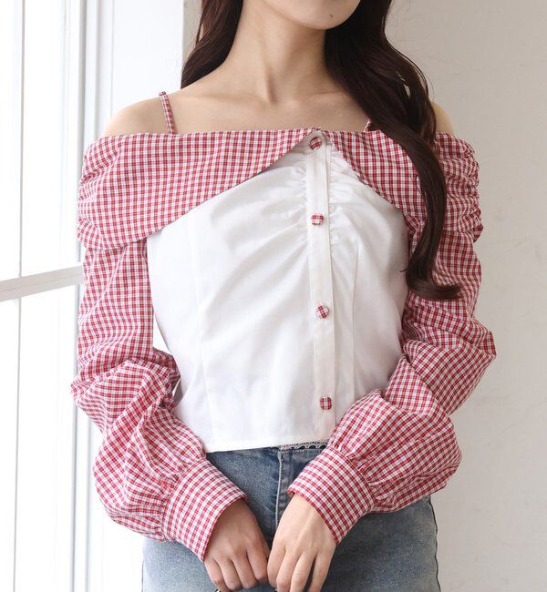  「バックレースアップ配色オフショルブラウス」|シャツ・ブラウス|