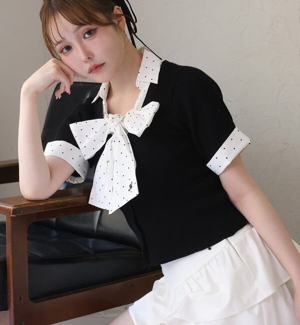  「【リボン取り外し可能】リボンシャツドッキングニット」|ニット・セーター|