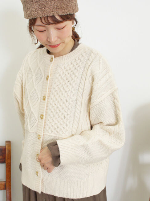 Samansa Mos2「パッチワークケーブル前後2WAYニット」|カーディガン|