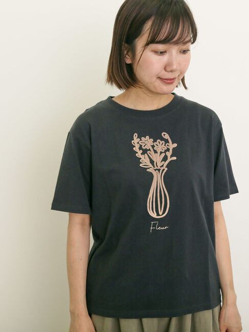 Samansa Mos2「花瓶柄コード刺繍Tシャツ」|Tシャツ・カットソー|ブラック