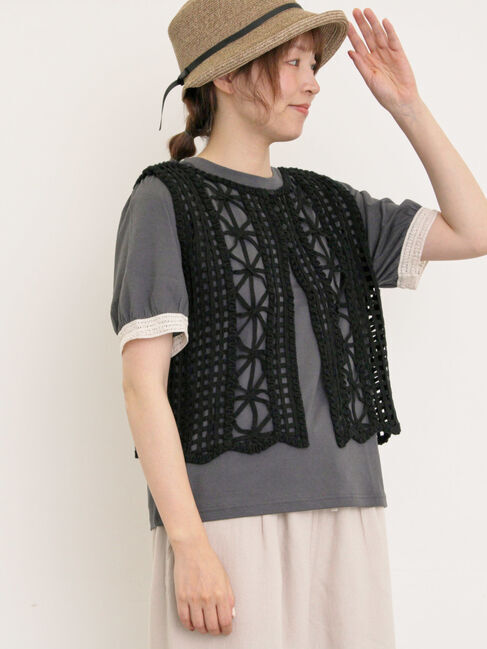 Samansa Mos2「【汗染み防止】袖口レースパフスリーブTシャツ」|Tシャツ・カットソー|