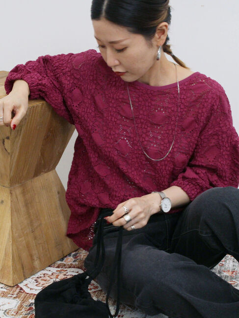 Samansa Mos2 blue「花ジャガード7分袖プルオーバー」|Tシャツ・カットソー|プラム