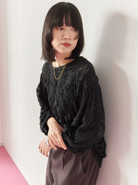 Samansa Mos2 blue「花ジャガード7分袖プルオーバー」|Tシャツ・カットソー|ブラック