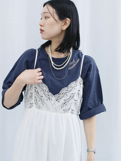 Samansa Mos2 blue「チェーン刺繍7分袖プルオーバー」|Tシャツ・カットソー|