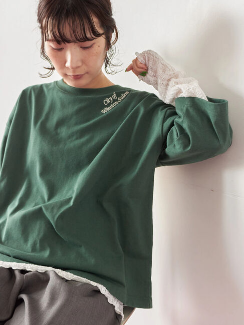 Samansa Mos2 blue「チェーン刺繍7分袖プルオーバー」|Tシャツ・カットソー|グリーン