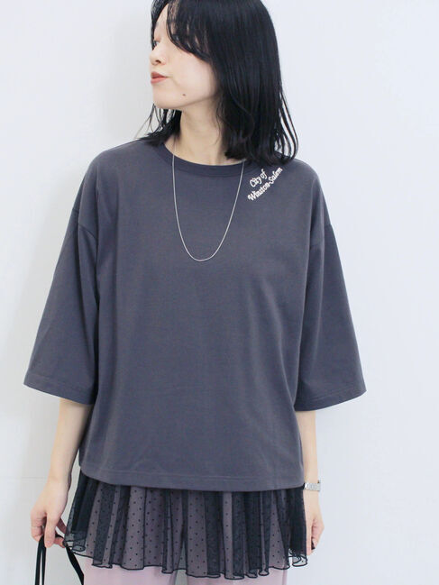 Samansa Mos2 blue「チェーン刺繍7分袖プルオーバー」|Tシャツ・カットソー|チャコールグレー