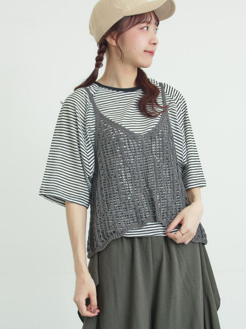 Samansa Mos2「麻タッチ透かし編みニットキャミソール」|ダウンベスト・ベスト|