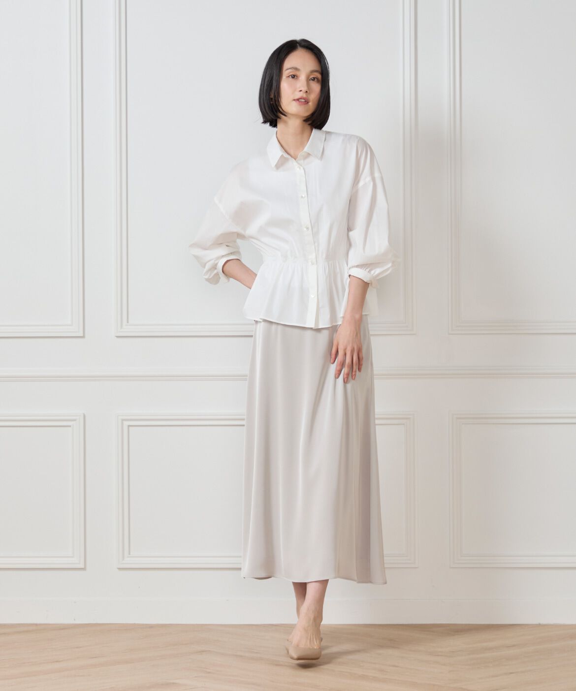 7-IDconcept.「サテンナローセミフレアスカート」|フレア|