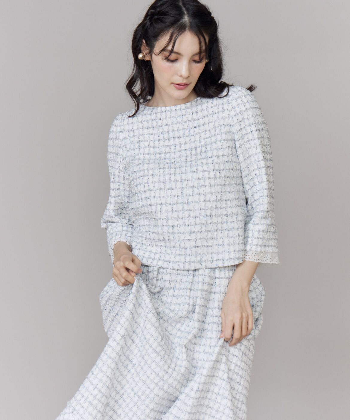 Maglie le cassetto「《M Maglie le cassetto》袖刺繍レース艶めきツイードブラウス」|シャツ・ブラウス|