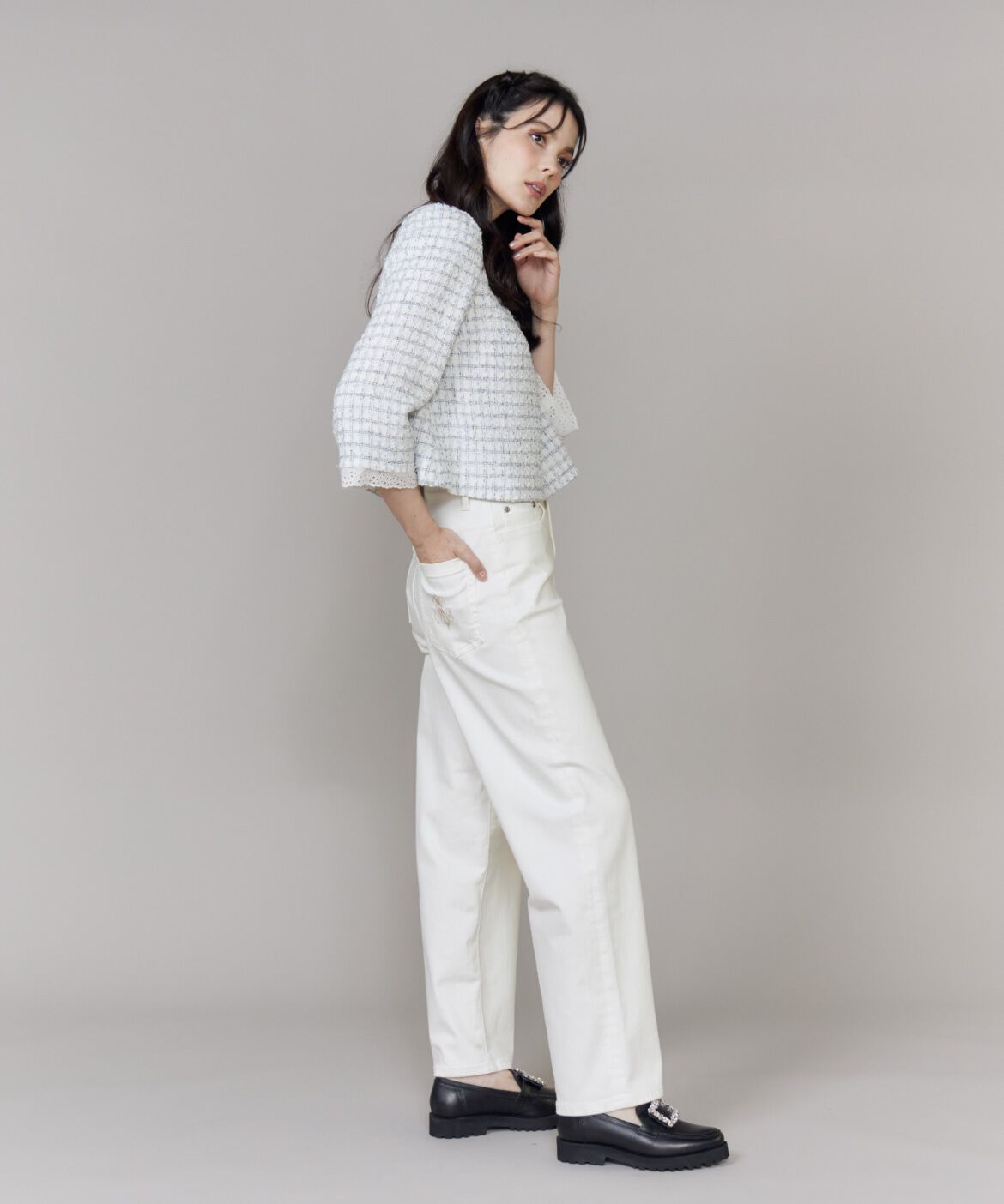 Maglie le cassetto「《M Maglie le cassetto》袖刺繍レース艶めきツイードブラウス」|シャツ・ブラウス|