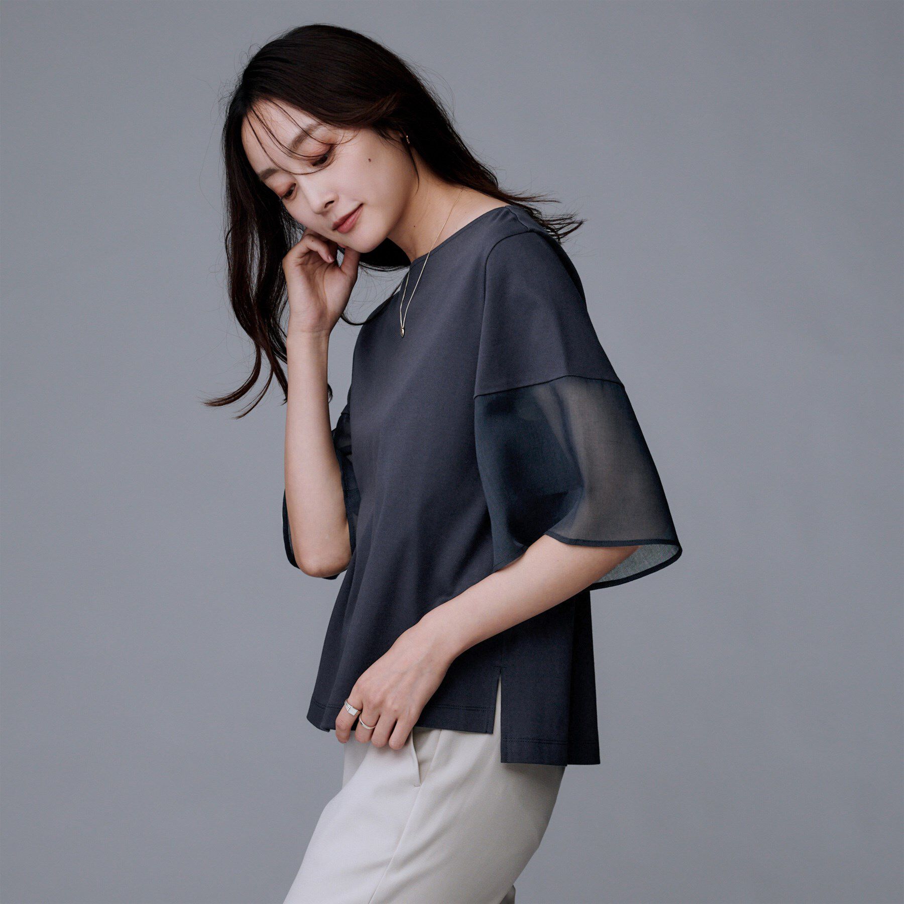 UNTITLED「【洗える/五分袖】シアースリーブ プルオーバー」|Tシャツ・カットソー|