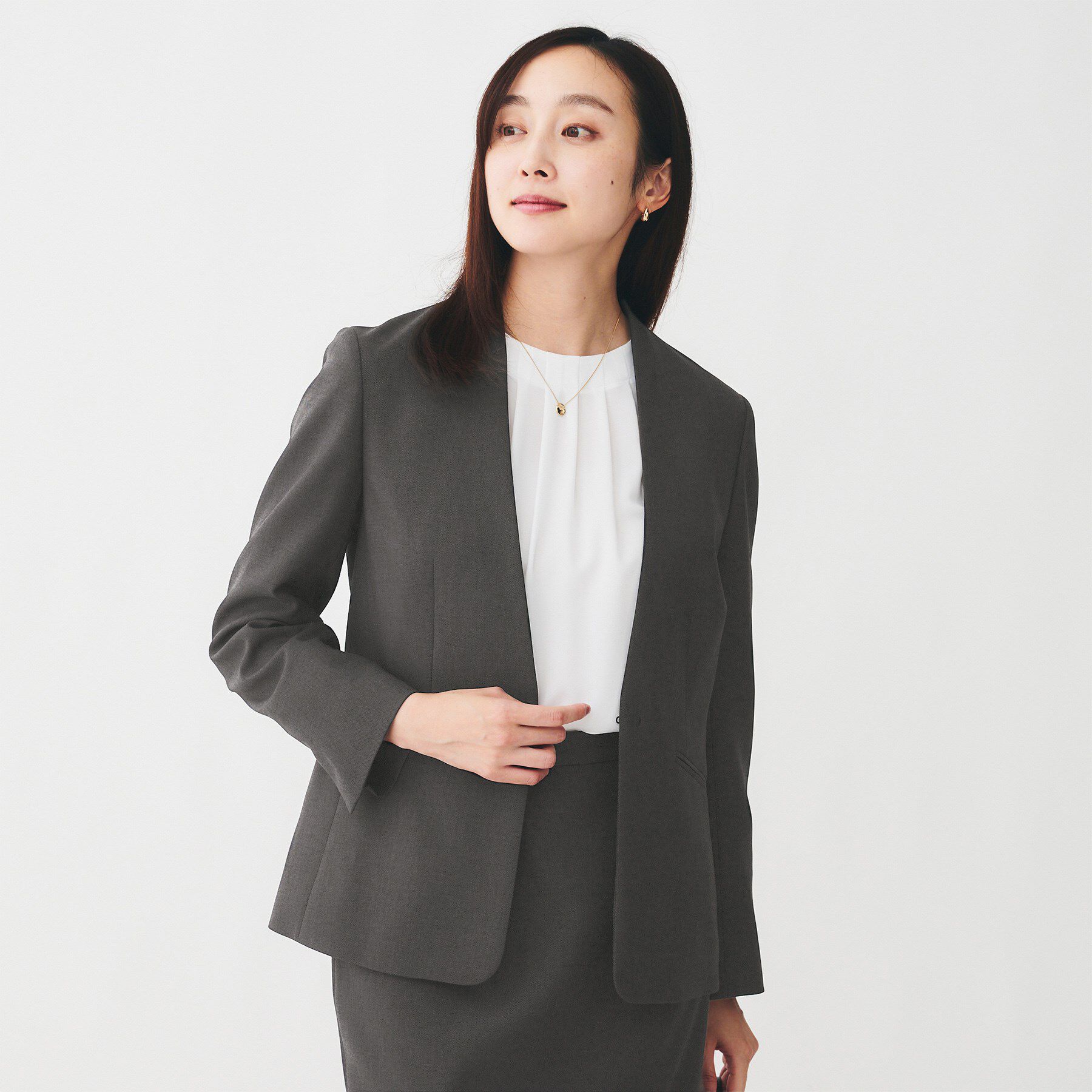 UNTITLED「【洗える/お仕事スーツ】ドライメランジ カラーレスジャケット」|ノーカラージャケット|チャコールグレー(0