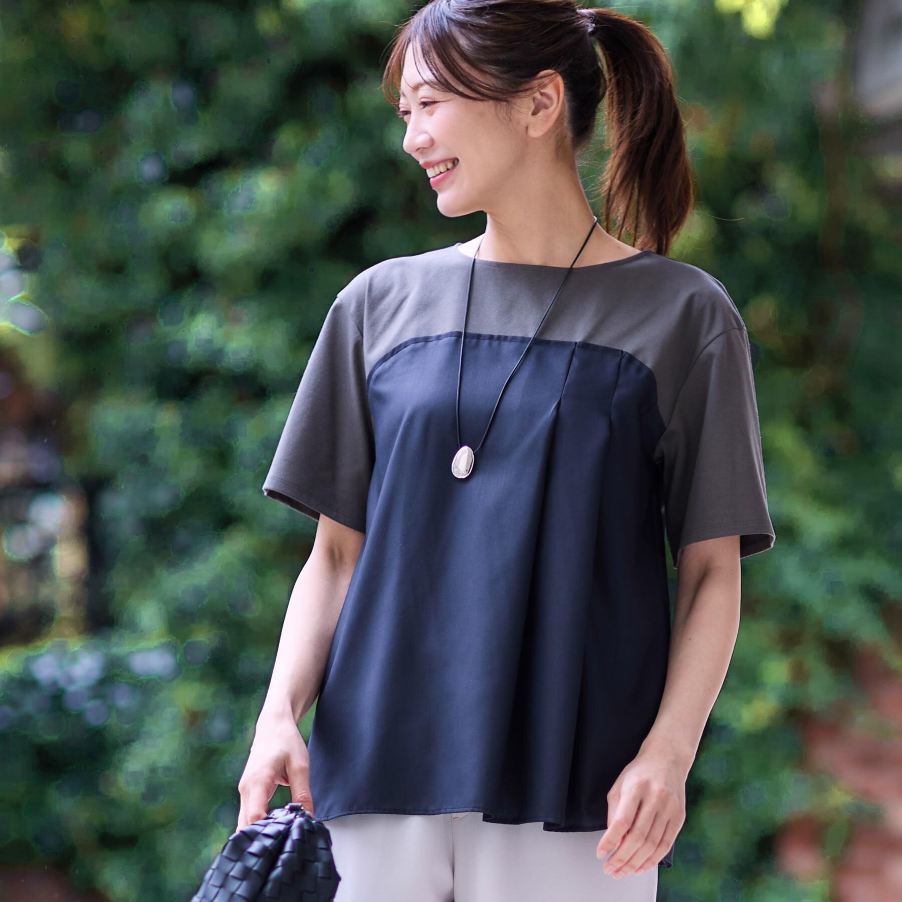 Reflect「【マシンウォッシュ可能】レイヤード風ジャージブラウス」|Tシャツ・カットソー|カーキ(029)