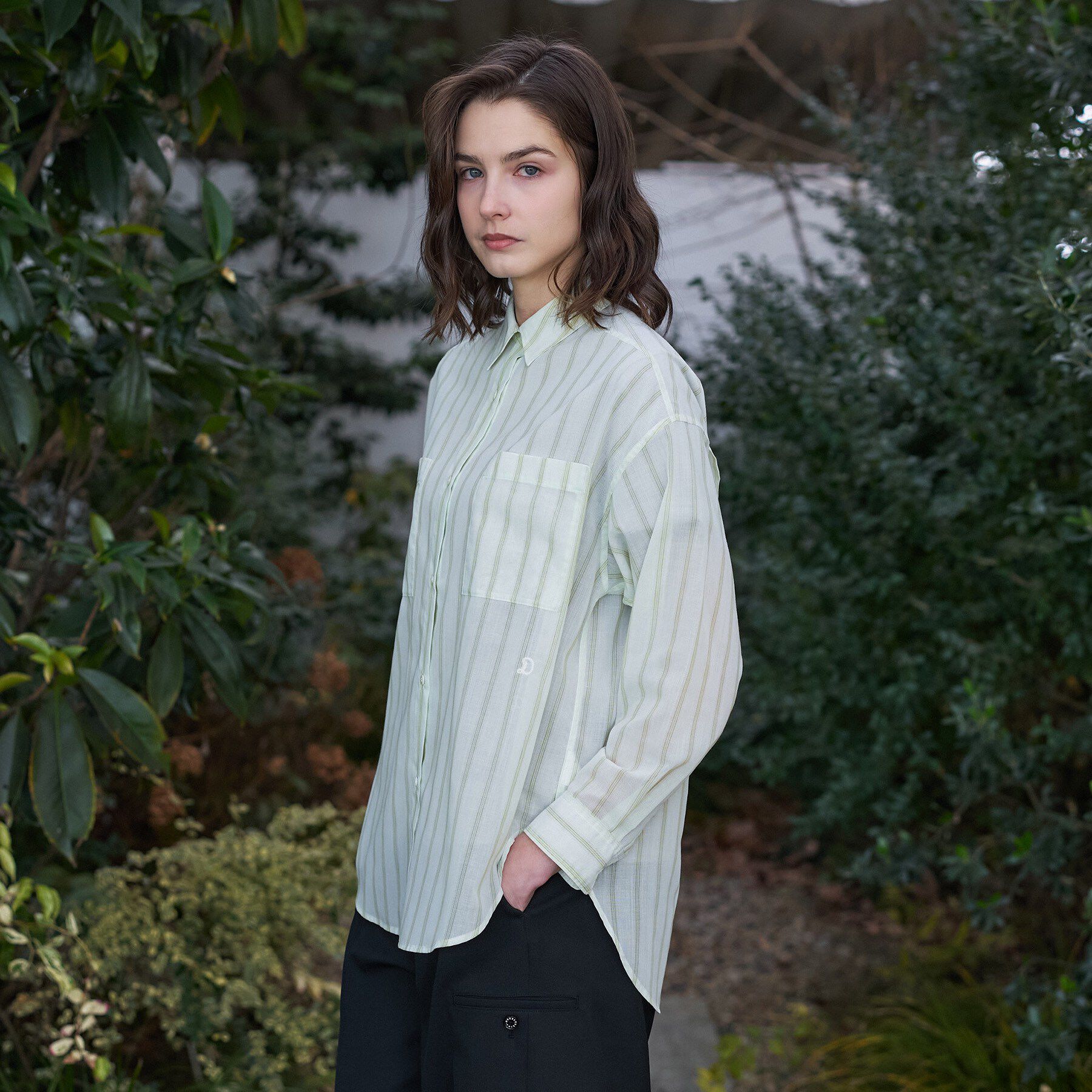 DRESSTERIOR「シアー ストライプシャツ」|シャツ・ブラウス|ライトグリーン(32