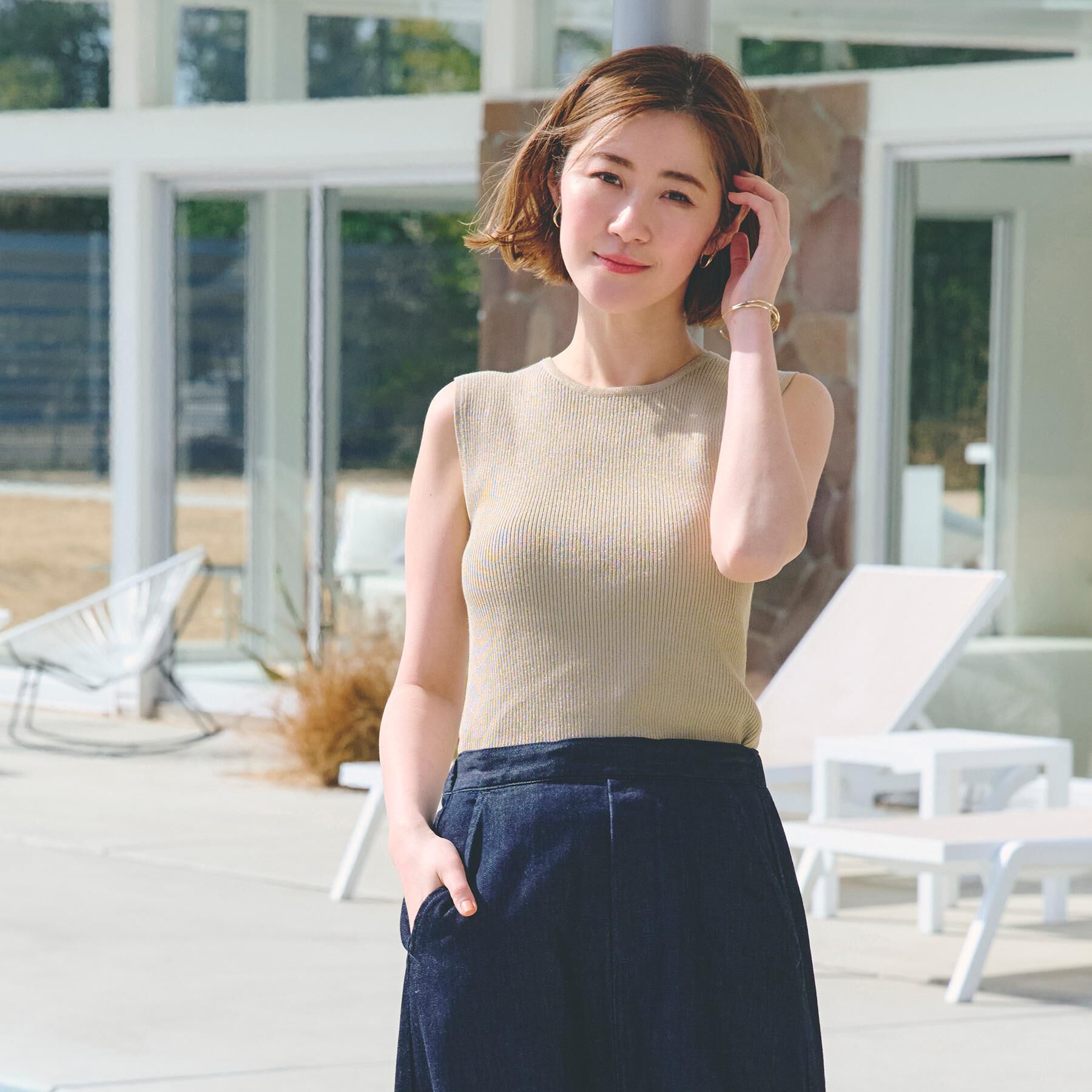 grove「さりげないラメで毎日のコーデにアクセントを リブラメニットタンク」|キャミソール|ベージュ(052)