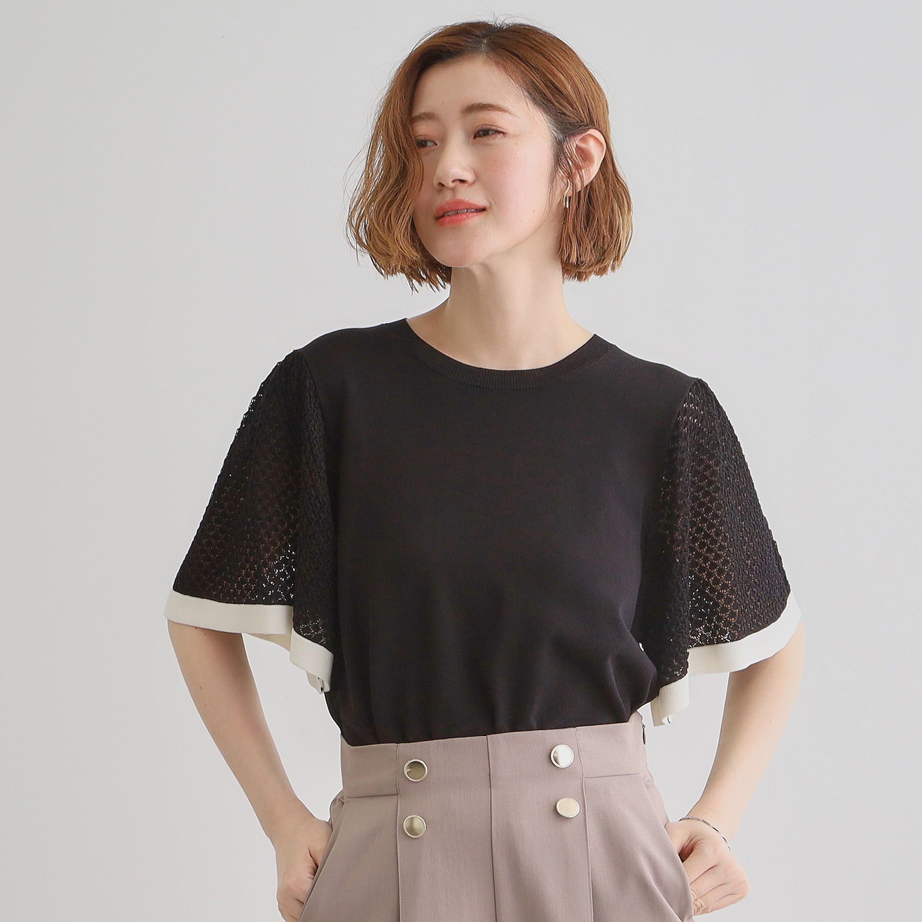 grove「袖透かし編みフレアースリーブニット」|ニット・セーター|ブラック(519)